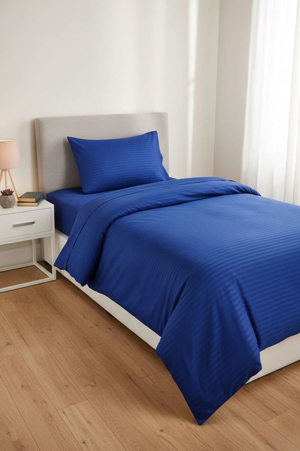 120 x 200 Yataklar İçin Çizgili Pamuk Saten Nevresim Takımı Parlementmavi