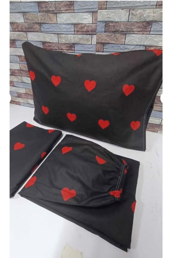 120 x 200 Yataklar İçin Pamuklu Kalp Desen Nevresim Takımı Siyah