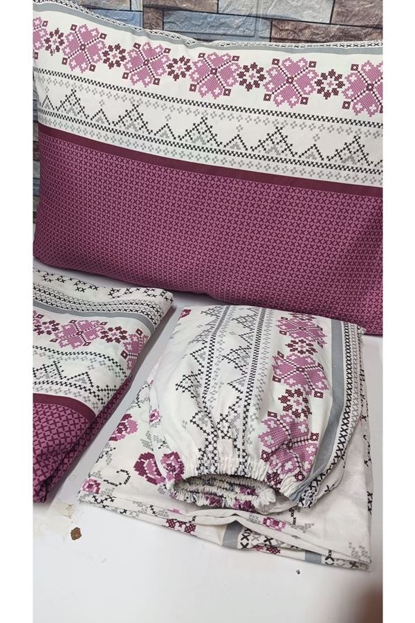 120 x 200 Yataklar İçin Pamuklu Kanaviçe Desen Nevresim Takımı Pembe