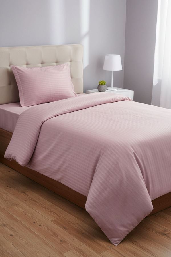 120 x 200 Yataklar İçin Çizgili Pamuk Saten Nevresim Takımı Pudra