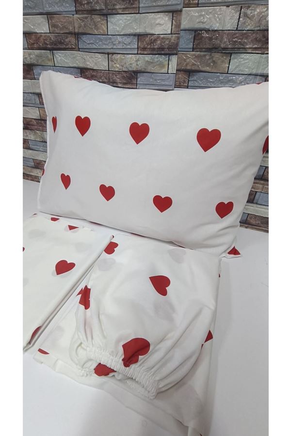 120 x 200 Yataklar İçin Pamuklu Kalp Desen Nevresim Takımı Beyaz Kırmızı