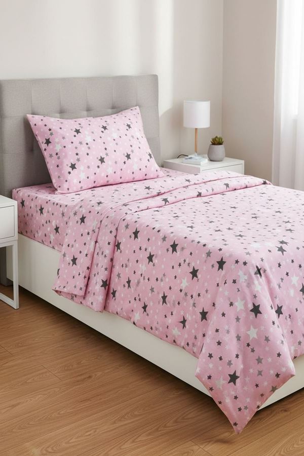 120 x 200 Yataklar İçin Pamuklu Yıldız Desen Nevresim Takımı Pembe