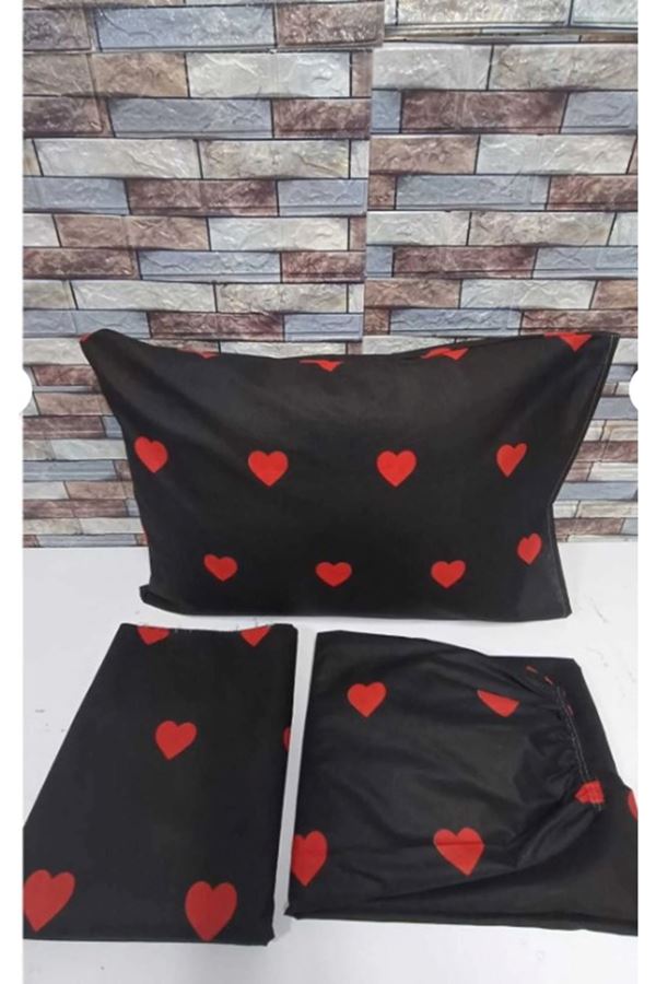 120 x 200 Yataklar İçin Pamuklu Kalp Desen Nevresim Takımı Siyah