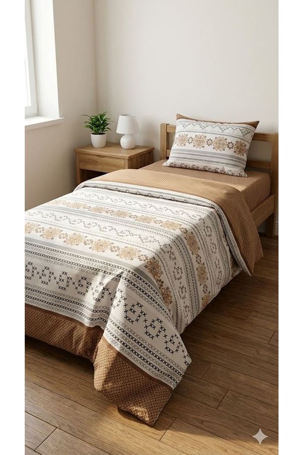 120 x 200 Yataklar İçin Pamuklu Kanaviçe Desen Nevresim Takımı Kahverengi