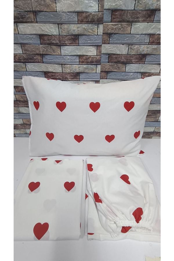 120 x 200 Yataklar İçin Pamuklu Kalp Desen Nevresim Takımı Beyaz Kırmızı