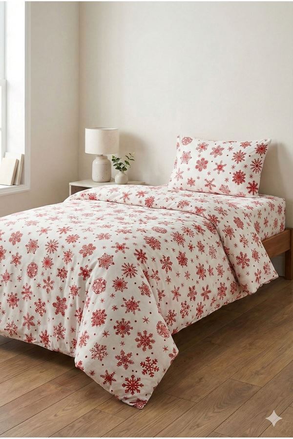 120 x 200 Yataklar İçin Kar Desen Pamuklu Nevresim Takımı Beyaz