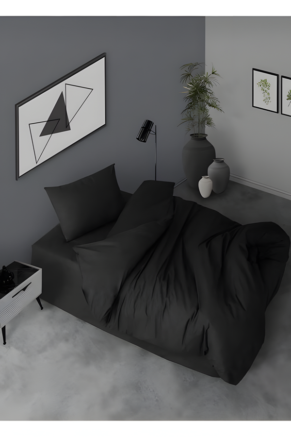 120 x 200 Yataklar İçin Ranforce Lastikli Çarşaflı Nevresim Takımı Simple Siyah