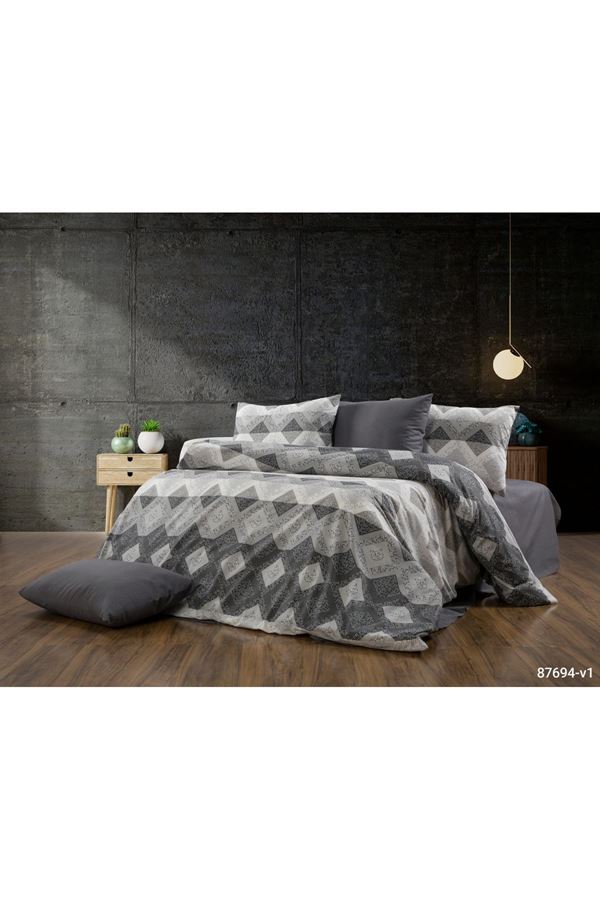 120 x 200 Yataklar İçin Pamuklu Kumaş Piramit Desen Nevresim Takımı Antrasit