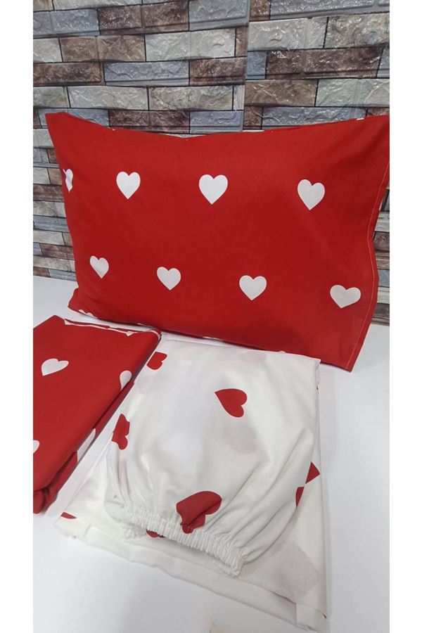 120 x 200 Yataklar İçin Pamuklu Kalp Desen Nevresim Takımı Kırmızı