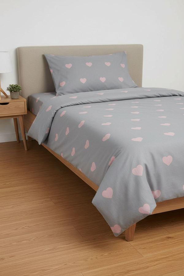 120 x 200 Yataklar İçin Pamuklu Kalp Desen Nevresim Takımı Gri