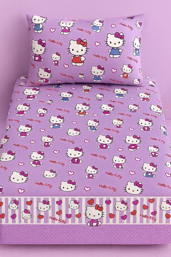 120 x 200 Yataklar İçin Hello Kitty Pamuklu Kumaş Nevresim Takımı Lila