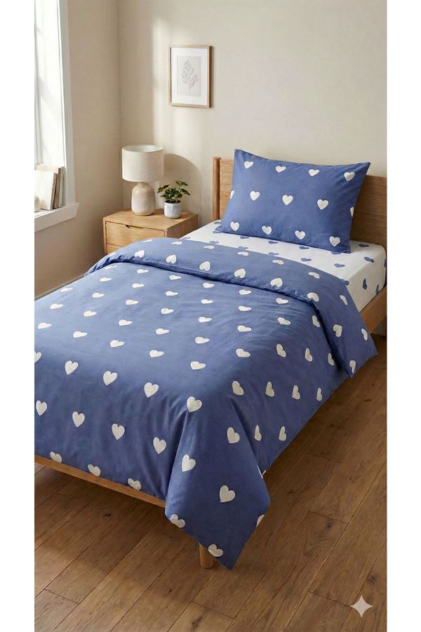 120 x 200 Yataklar İçin Pamuklu Kalp Desen Nevresim Takımı Mavi