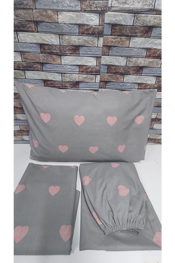 120 x 200 Yataklar İçin Pamuklu Kalp Desen Nevresim Takımı Gri