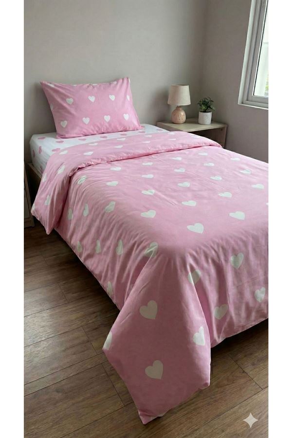 120 x 200 Yataklar İçin Pamuklu Kalp Desen Nevresim Takımı Pembe