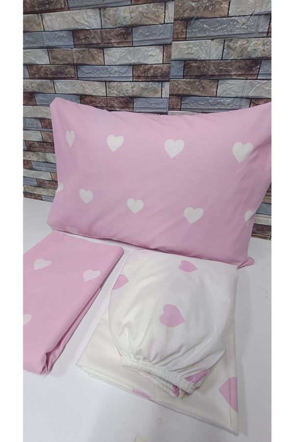 120 x 200 Yataklar İçin Pamuklu Kalp Desen Nevresim Takımı Pembe