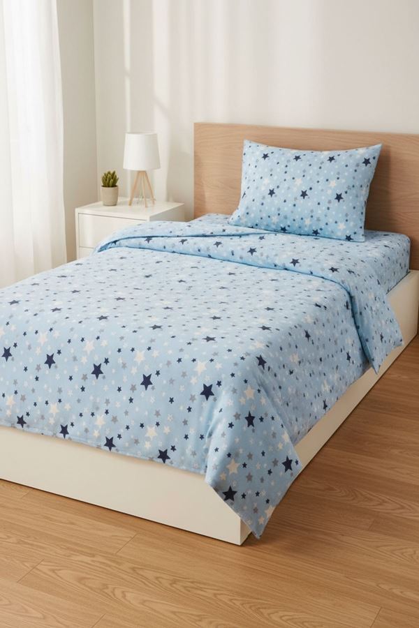 120 x 200 Yataklar İçin Pamuklu Yıldız Desen Nevresim Takımı Mavi