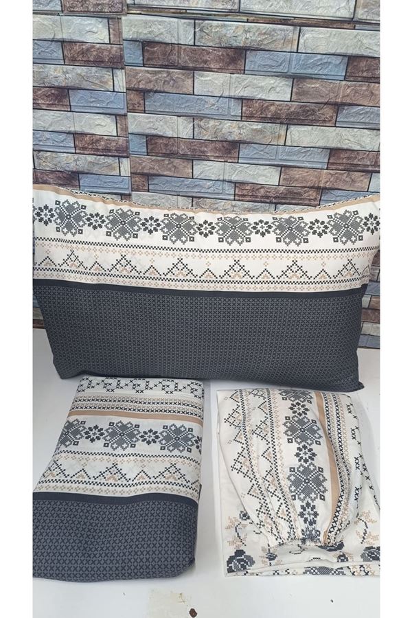120 x 200 Yataklar İçin Kanaviçe Desen Pamuklu Nevresim Takımı Gri