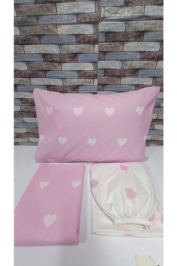 120 x 200 Yataklar İçin Pamuklu Kalp Desen Nevresim Takımı Pembe