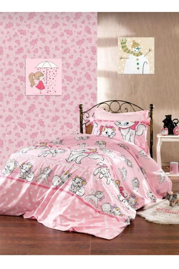 120 x 200 Yataklar İçin Kedi Desen Nevresim Takımı Pembe
