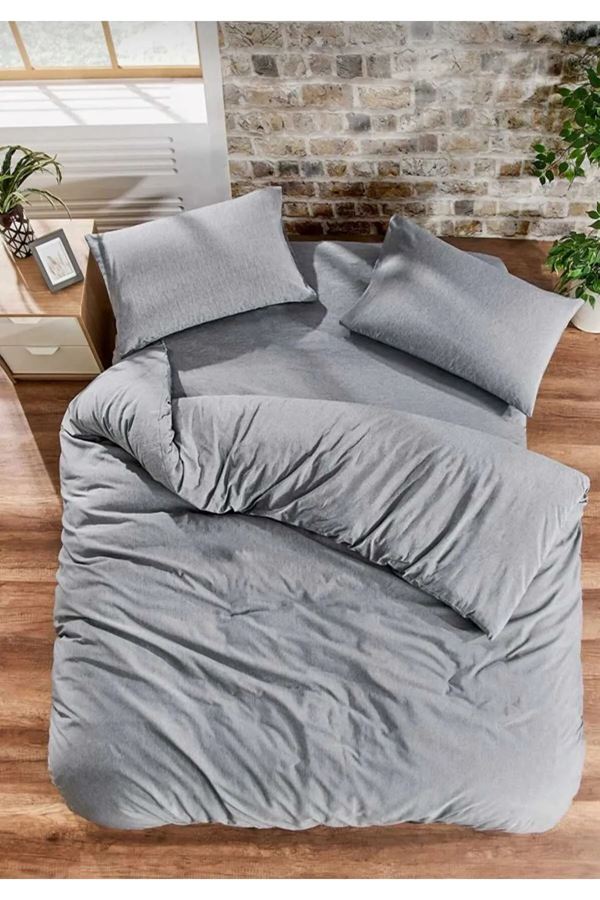 120 x 200 Yataklar İçin Pamuklu Nevresim Takımı Düz Renk Antrasit
