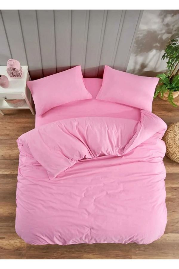 120 x 200 Yataklar İçin Pamuklu Nevresim Takımı Düz Renk Pembe