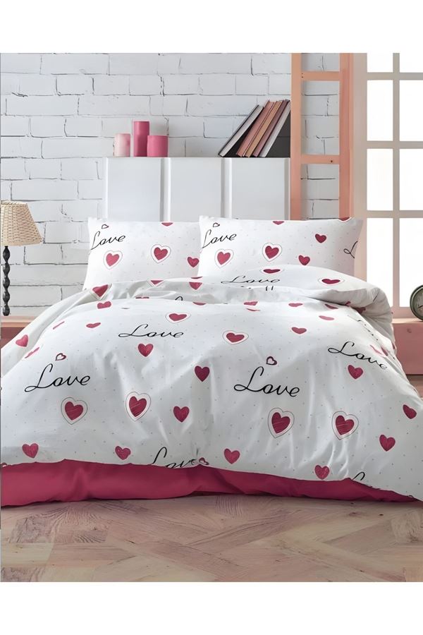 120 x 200 Yataklar İçin Pamuklu Ranforce Kumaş Nevresim Takımı Love Desen