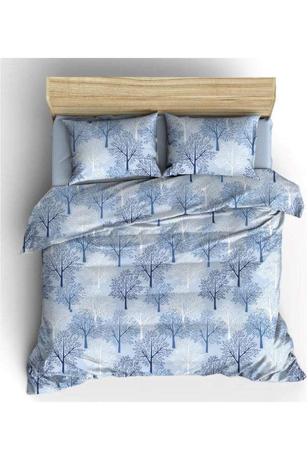 120 x 200 Yataklar İçin Pamuklu Ranforce Kumaş Nevresim Takımı Yeni Mavi Ağaç
