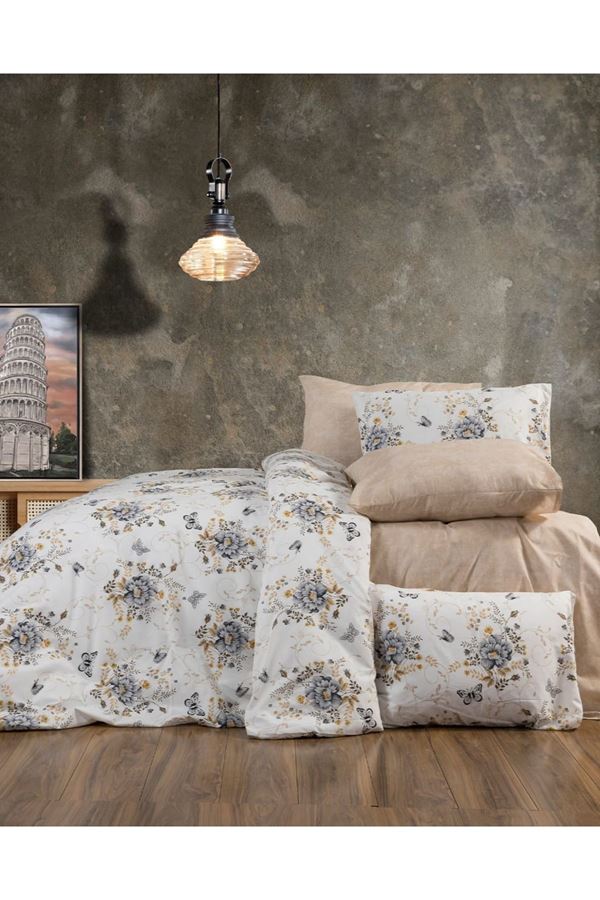 120 x 200 Yataklar İçin Ranforce Pamuklu Nevresim Takımı Kelebek Gri