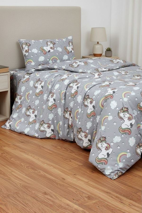120 x 200 Yataklar İçin Unicorn Pamuklu Kız Çocuk Lastikli Çarşaflı Nevresim Takımı Gri