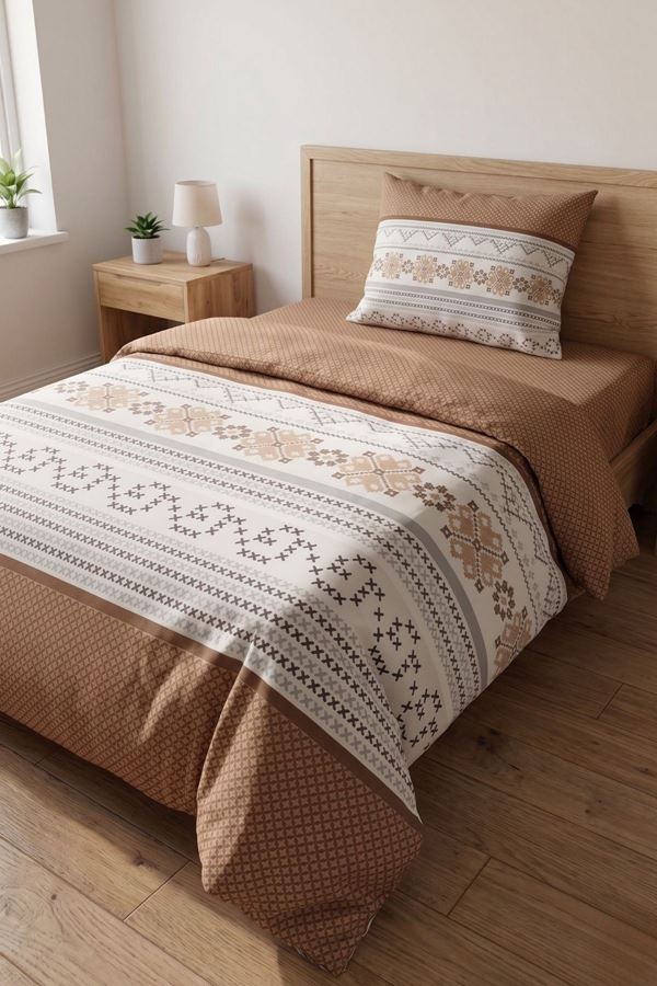 120 X 200 Yataklar İçin Kanaviçe Desen Pamuklu Nevresim Takımı Kahverengi