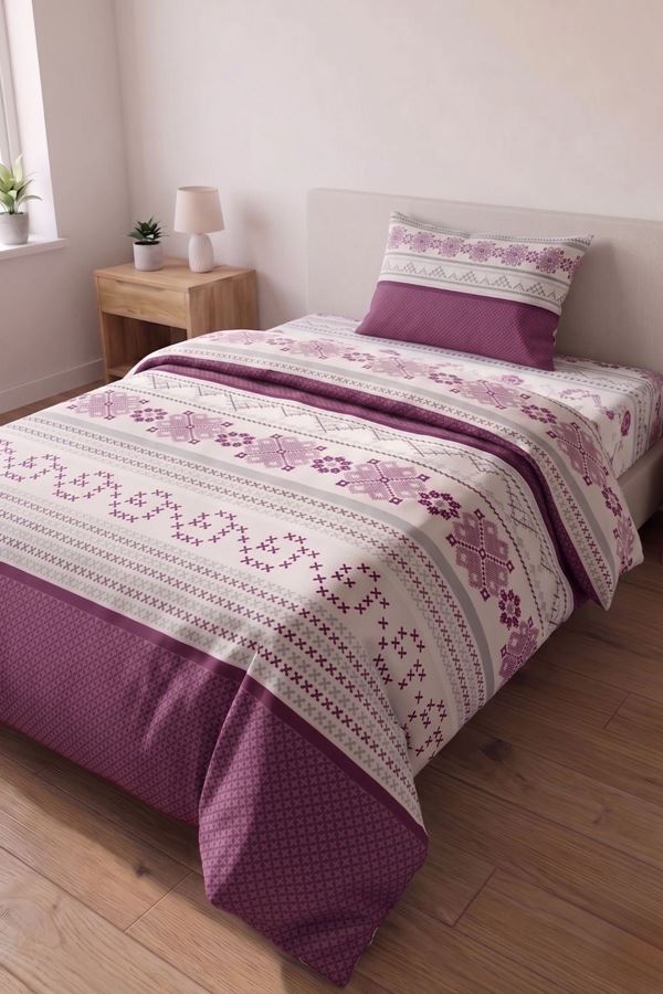 Pamuklu Tek Kişilik Kanaviçe Desen Nevresim Takımı ( Çarşafı Lastikli ) Pembe