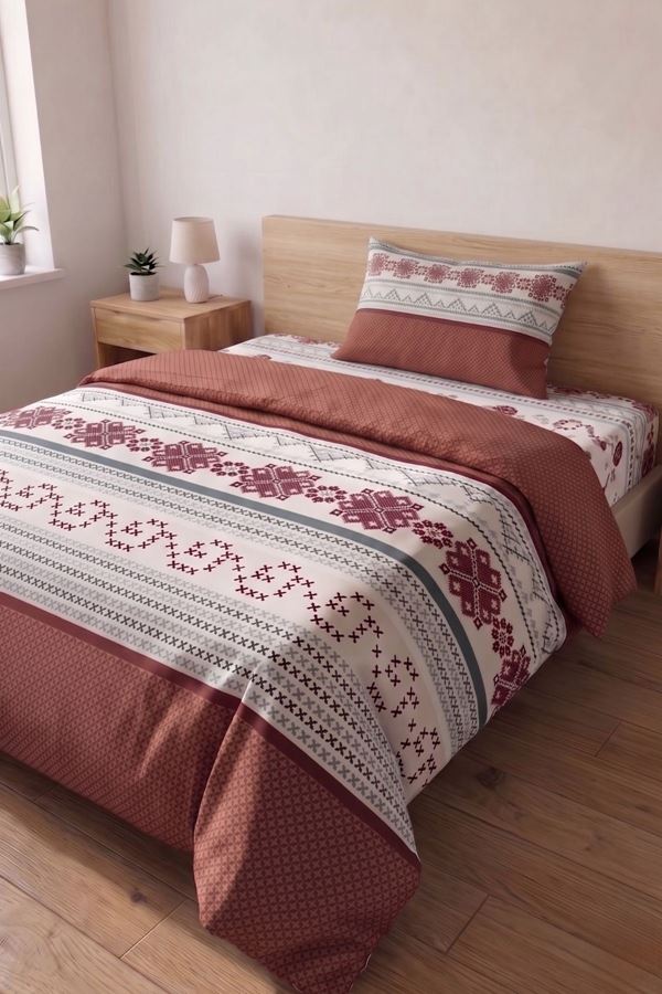 Pamuklu Tek Kişilik Kanaviçe Desen Nevresim Takımı ( Çarşafı Lastikli ) Gülkurusu