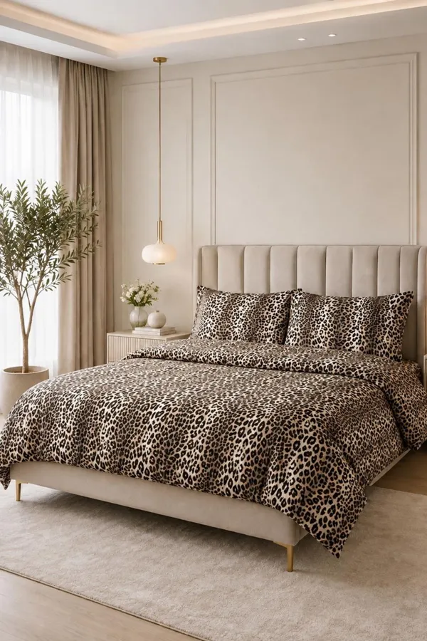 180 X 200 Battal Boy Lastikli Çarşaf Leopar Desen Nevresim Takımı Bej