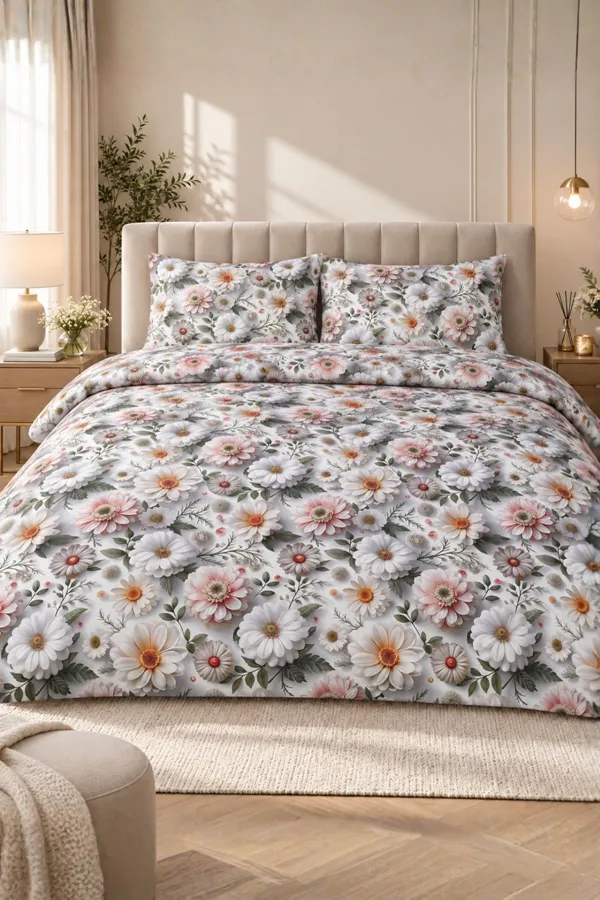 5 Boyutlu %100 Pamuk Soft Papatya Çift Kişilik Nevresim Seti (Çarşafsız) Beyaz 