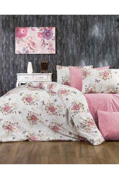ÇİFT KİŞİLİK RANFORCE PAMUKLU ÇARŞAFI LASTİKLİ NEVRESİM TAKIMI ( 4 YASTIKLI ) PEMBE