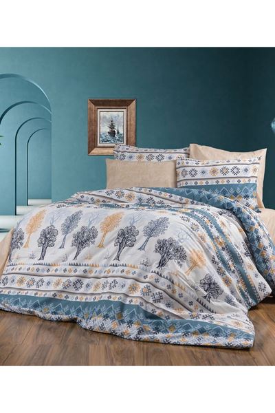 ÇİFT KİŞİLİK PAMUKLU AĞAÇ DESEN NEVRESİM TAKIMI ( ÇARŞAF LASTİKLİ ) MAVİ