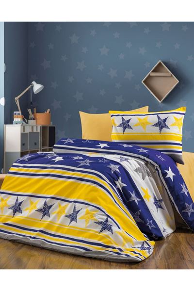 Sarı Lacivert Taraftar Tek Kişilik Nevresim Takımı ( Çarşaf Lastikli ) Sarı Lacivert