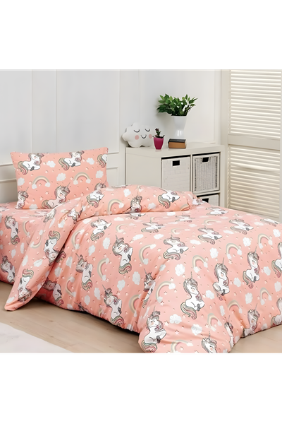 Kız Çocukları İçin Tek Kişilik Çarşafı Lastikli Nevresim Takımı Turuncu Unicorn