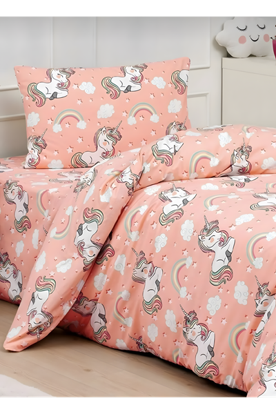 Kız Çocukları İçin Tek Kişilik Çarşafı Lastikli Nevresim Takımı Turuncu Unicorn