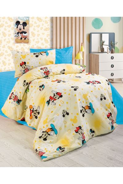 Kız Çocukları İçin Tek Kişilik Çarşafı Lastikli Nevresim Takımı Sarı mickey mouse