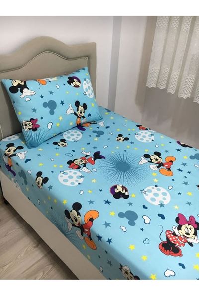 Kız Çocukları İçin Tek Kişilik Çarşafı Lastikli Nevresim Takımı Mavi Mickey Mouse