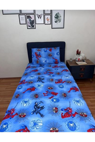 ÖRÜMCEK ADAM PAMUKLU TEK KİŞİLİK LASTİKLİ ÇARŞAF TAKIMI MAVİ