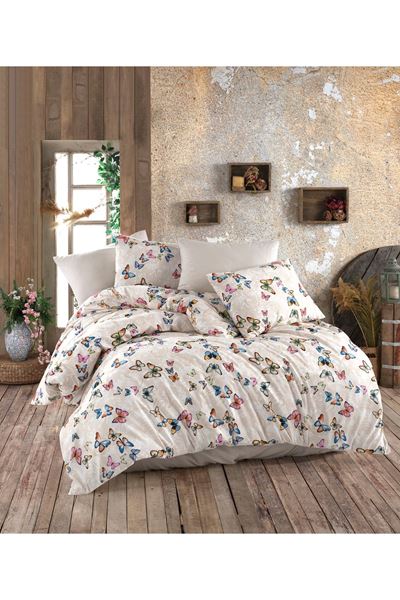 180X200 Yataklar İçin Battal Boy Nevresim Takımı ( Çarşafı Lastikli ) kelebek Ekru