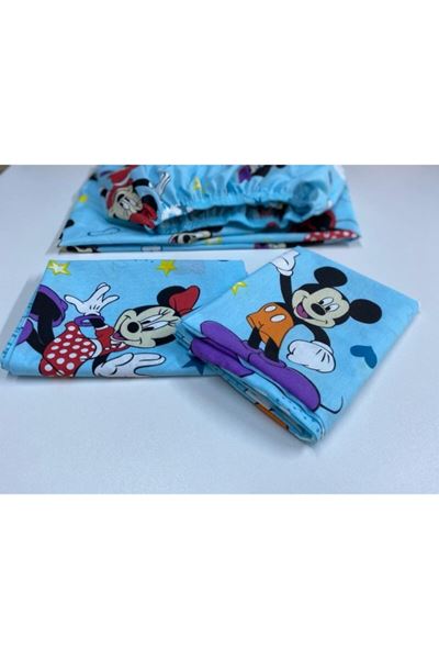 Mavi Dokuma Mickey Mouse Ara Boy Lastikli Çarşaf 120x200 cm 1 Adet Kapaklı Yastık Kılıfı MAVİ