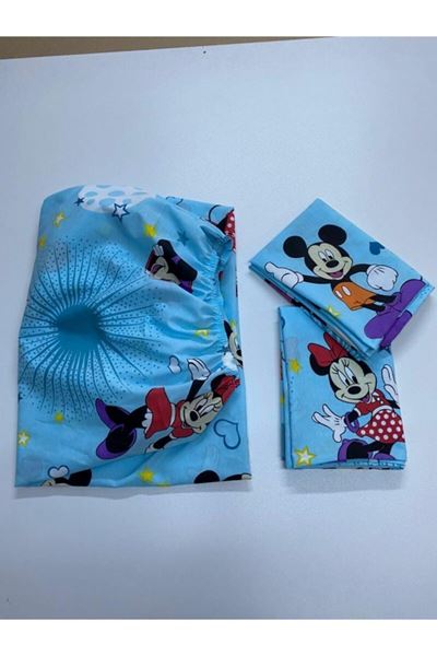 Mavi Dokuma Mickey Mouse Ara Boy Lastikli Çarşaf 120X200 Cm 1 Adet Kapaklı Yastık Kılıfı Mavi