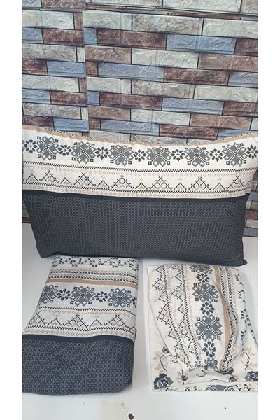 Çift Kişilik Kanaviçe Desen Pamuklu Nevresim Takımı ( Çarşafı Lastikli ) Gri