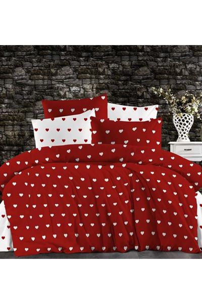 PAMUKLU KALP DESEN ÇİFT KİŞİLİK NEVRESİM TAKIMI (ÇARŞAFI LASTİKLİ) KIRMIZI