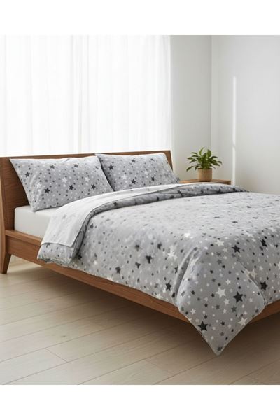 Pamuklu Yıldız Desen Tek Kişilik Nevresim Takımı Çarşafı Lastikli (fitted) GRİ