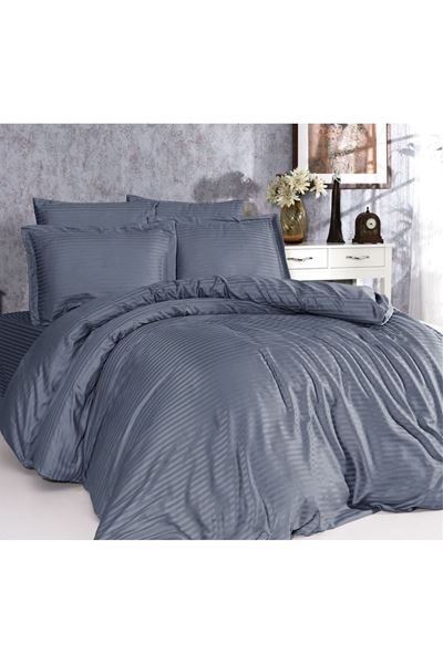 5 Yıldızlı Lüx Otel Tipi Çift Kişilik Lastikli Çizgili Pamuk Saten Nevresim Takımı ANTRASİT GRİ
