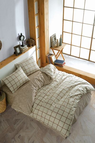 Ranforce Çift Kişilik Lastikli Çarşaflı Nevresim Takımı Kare Krem